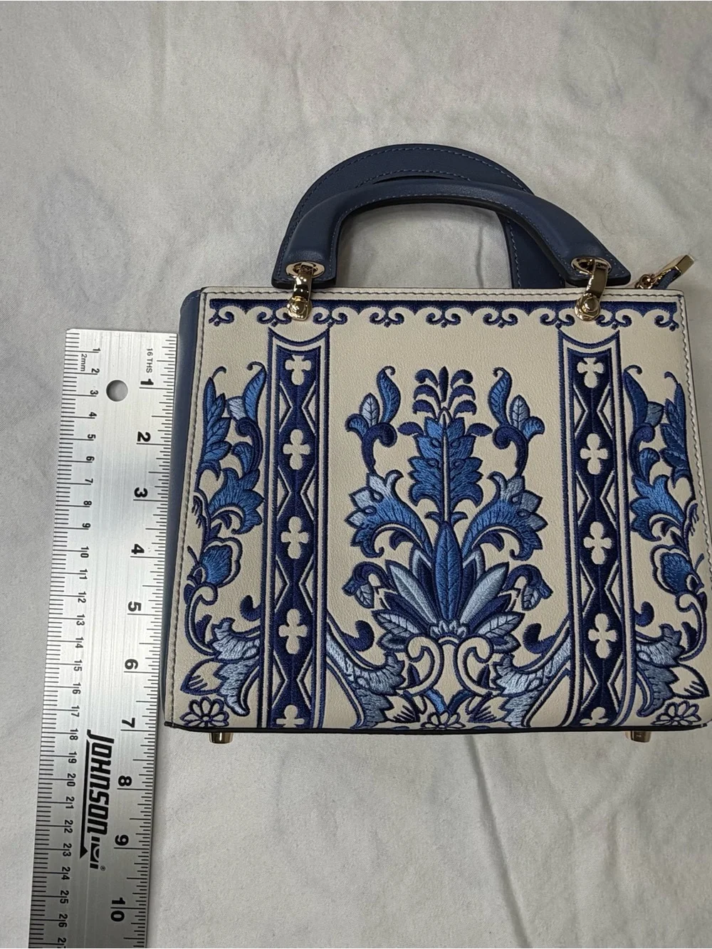 Sino Blue Floral Embroidered Small Leather Top-Handle Women’s Bag. NEW!